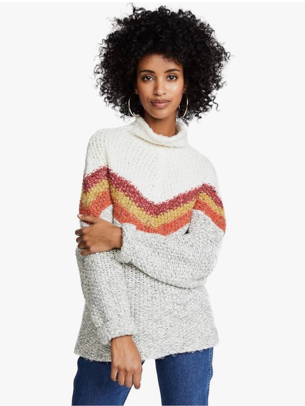 Free People Cream Turtleneck Sweater with Rust, Orange & Gold Chevron NWT